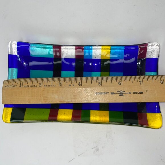 Fused Art Glass Trinket Tray Blue Yellow Check Design 7.5" X 4" - Picture 7 of 8